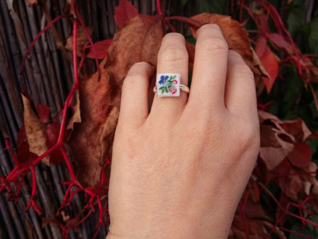 Silver Ring With Embroidery Petit Point Ring Flower Ring Etsy