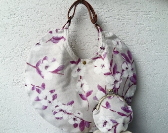 Round tote bag, handbag linen, shopping bag, beach bag, shoulder bag, shabby chic purse, summer bag, pink bag, flower purse, ecobag pink bag