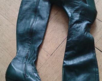 Original vintage 1970s mega platform bottle green leather knee high boots made in England size UK 6/ US 8/ EU 39