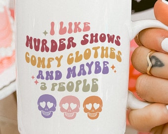 Murder Shows Mug, True Crime Gift, Pastel Skulls Ceramic Mug