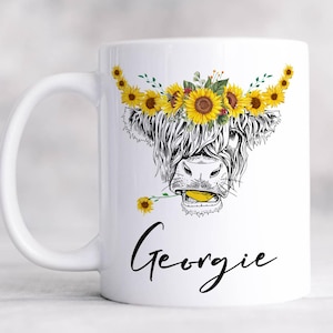 Personalised Highland Cow Sunflower Mug, Bonny Cow Lover Gift