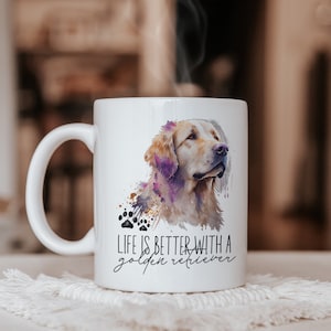 A vida é melhor com uma caneca Golden Retriever, presente de aquarela Golden Retriever, presente de aniversário para donos de cães, amante de cães