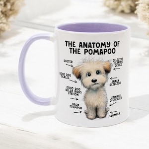 Pode incluir: Caneca de cerâmica branca com interior e alça roxos claros. A caneca apresenta uma ilustração de desenho animado de um cão Pomapoo com anatomia rotulada. O texto na caneca diz "THE ANATOMY OF THE POMAPOO" com rótulos como "Duster" e "Snack Detector".