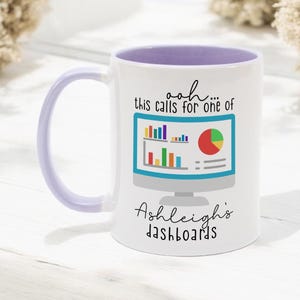 May include: A white ceramic mug with a light purple handle and interior. The front features a graphic of a computer monitor displaying colorful bar and pie charts, with the text "ooh... this calls for one of Ashleigh's dashboards" printed.