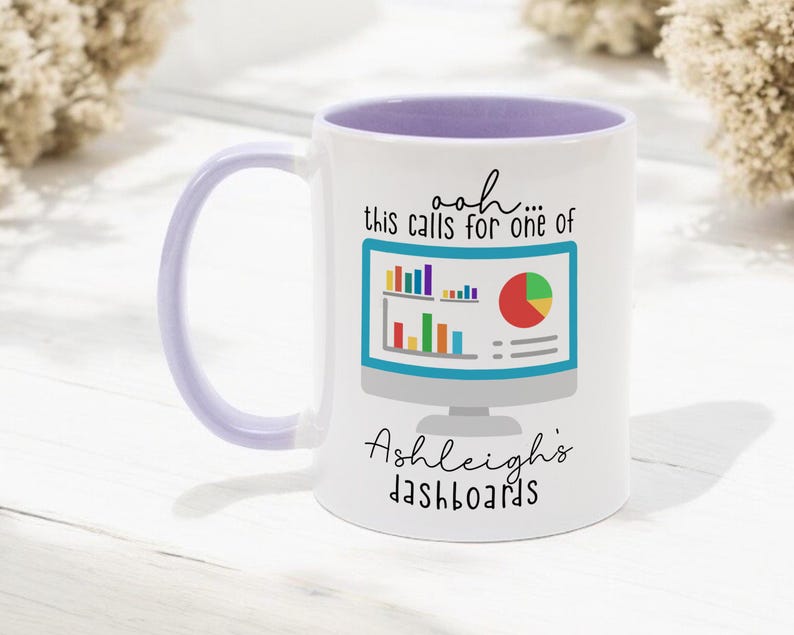 May include: A white ceramic mug with a light purple handle and interior. The front features a graphic of a computer monitor displaying colorful bar and pie charts, with the text "ooh... this calls for one of Ashleigh's dashboards" printed.