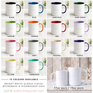 May include: A mug color chart displaying 15 ceramic mugs with white exteriors and colored interiors and handles. Colors include black, blue, dark blue, dark green, green, orange, red, lilac, pink, grey, natural, purple, yellow, and turquoise.
