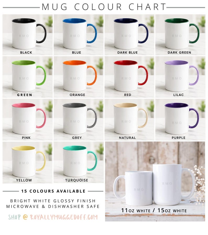 May include: A mug color chart displaying 15 ceramic mugs with white exteriors and colored interiors and handles. Colors include black, blue, dark blue, dark green, green, orange, red, lilac, pink, grey, natural, purple, yellow, and turquoise.