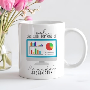 Puede incluir: Taza de cerámica blanca con un gráfico de monitor de computadora que muestra gráficos y diagramas coloridos. La taza tiene el texto "ooh... this calls for one of Amanda's dashboards". Un jarrón de tulipanes rosas y otras flores está en el fondo.