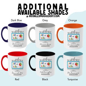 May include: Six ceramic mugs with colored handles and interiors in dark blue, grey, orange, red, black, and turquoise. Each mug features a computer monitor graphic displaying charts and the text 'ooh... this calls for one of [Name] dashboards'.
