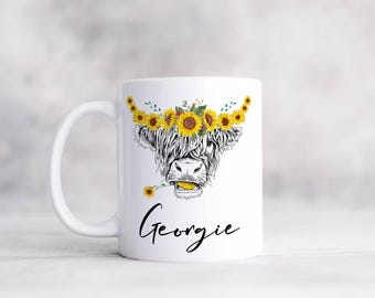 Personalised Highland Cow Gift, Cow With Flowers Mug, Cow With Sunflower, Bonny Highland Cow Lover Gift.