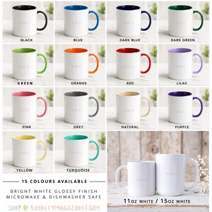 May include: A mug color chart displaying 15 ceramic mugs with white exteriors and colored interiors and handles. Colors include black, blue, dark blue, dark green, green, orange, red, lilac, pink, grey, natural, purple, yellow, and turquoise.