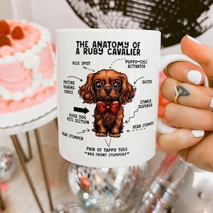 May include: White ceramic mug with a cartoon illustration of a Ruby Cavalier dog and labeled anatomy. The mug has a handle and is held by a hand with rings. A pink cake is in the background.