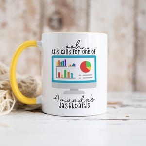 May include: A white ceramic mug with a bright yellow handle and interior. The front features a graphic of a computer monitor displaying colorful data charts and graphs, with the text "ooh... this calls for one of Amanda's dashboards" printed.