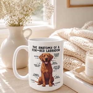 May include: A white ceramic mug featuring a brown fox-red Labrador illustration with text labels pointing to body parts including Duster, Selective Hearing Device, Snack Detector, Good Dog Belly Rubs Station, Back Stomper, Stomper, Floof, and Stinker Dispenser.