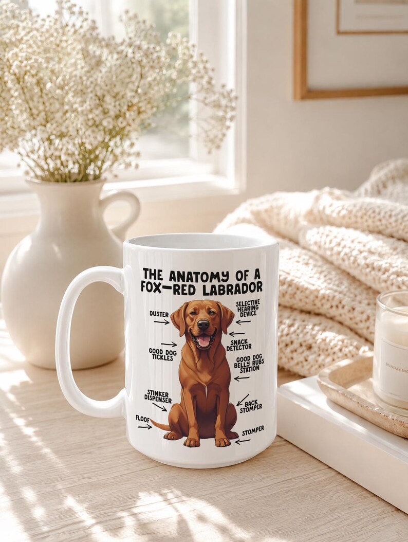 May include: A white ceramic mug featuring a brown fox-red Labrador illustration with text labels pointing to body parts including Duster, Selective Hearing Device, Snack Detector, Good Dog Belly Rubs Station, Back Stomper, Stomper, Floof, and Stinker Dispenser.