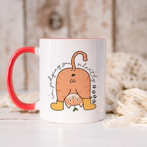 May include: White ceramic mug with a red handle. The mug features a cartoon illustration of a cat with its back turned, looking over its shoulder with the text "I'm judging you silently".