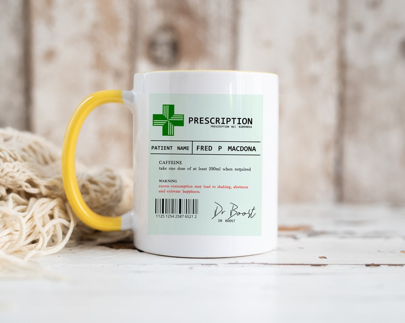 Personalised Prescription Coffee Mug for Caffeine Addict, Coffee Lover Gift, Funny Coffee Mug, Coffee Gift for Women, Birthday Gift MUG - Yellow Inside