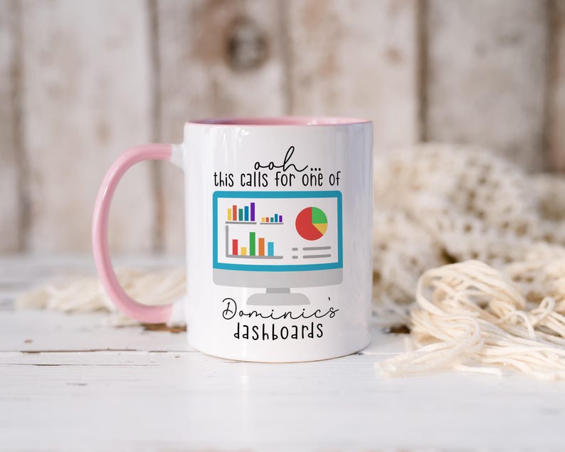 Personalised Power BI Mug, Dashboard Guru Data Engineer Gift, Sales Marketing Representative Coffee Mug. Pink Inside