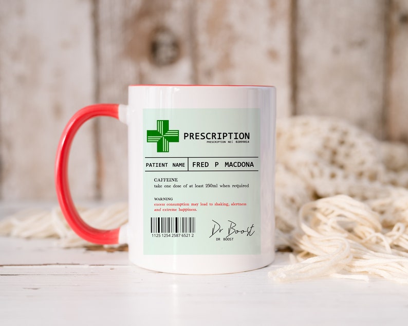 Personalised Prescription Coffee Mug for Caffeine Addict, Coffee Lover Gift, Funny Coffee Mug, Coffee Gift for Women, Birthday Gift MUG - Red Inside