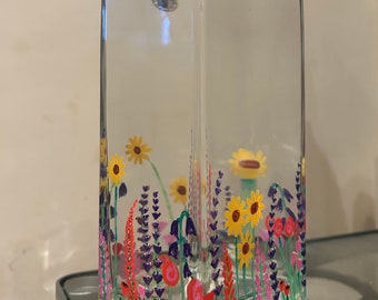 Hand painted mix of flowers rectangle vase, floral flower vase, colourful handmade flower holder