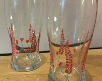 Hand painted pair of pint glasses red floral design