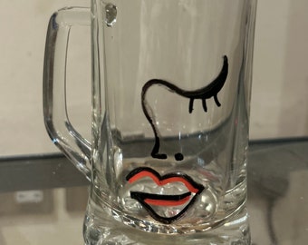 Hand painted half pint glass, abstract face mini stein glass