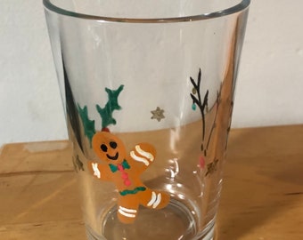 Hand painted Christmas tumbler glass, gingerbread man glass, holy, reindeer