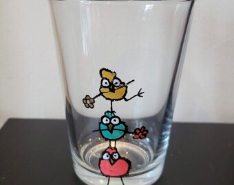 Hand painted triple bird tumbler glass, fun little birdies