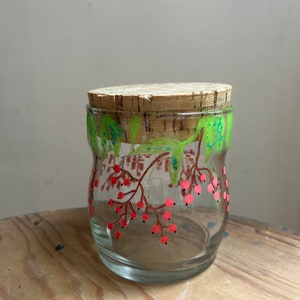 Hand painted red berry bush, holy flower glass storage jar with cork lid