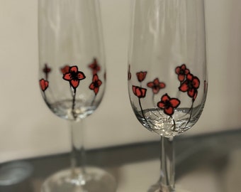 Small Poppy flutes, hand painted processo glasses, pair of glasses