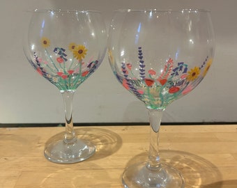 Pair of Hand painted flower gin glasses