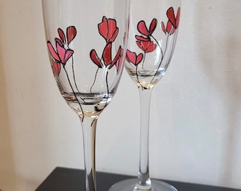 Poppy champagne flutes, hand painted processo glasses, pair of glasses