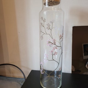 Hand painted cherry blossom glass storage jar with cork lid