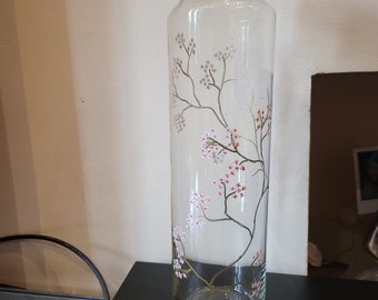 Hand painted cherry blossom glass storage jar with cork lid