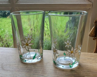 Pair of Hand painted daisy tumbler glasses, dot work