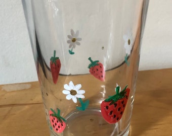 Hand painted strawberry daisy tumbler glass
