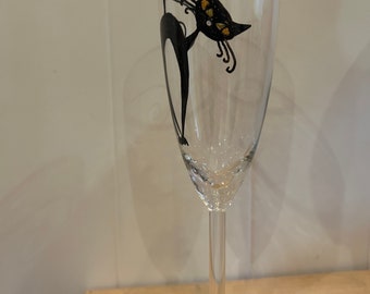 Hand painted quirky cat design champagne glass, abstract kitty prosecco flute