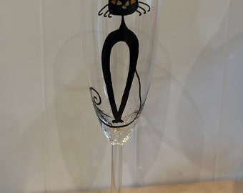 Hand painted cat design champagne glass, Prosecco flute