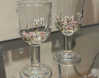 Pair of sherry glasses Hand painted floral, cherry blossom glasses