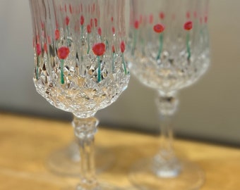 Three Hand painted rose wine glasses