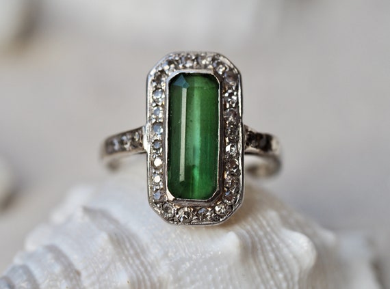 Antique Cocktail Ring with green Tourmaline and D… - image 2