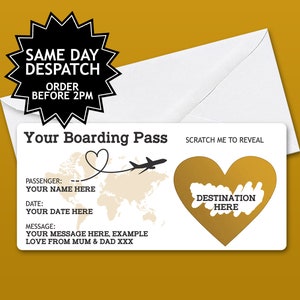 Personalised Scratch Reveal Boarding Pass, Scratch Off Surprise Boarding Card, Heart Reveal Boarding Pass for Surprise Holiday Destination