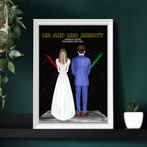 Star Wars Inspired Wedding Print, Star Wars Bride & Groom, Light Sabers, Wedding Gift, Husband And Wife, Custom Star Wars Gift, Lightsaber