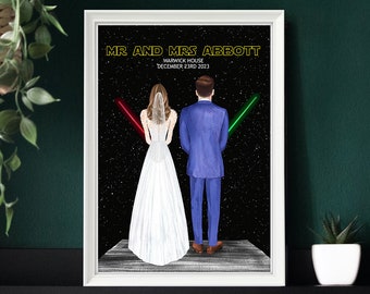 Impression de mariage inspirée de Star Wars, mariés Star Wars, sabres laser, cadeau de mariage, mari et femme, cadeau Star Wars personnalisé, sabre laser