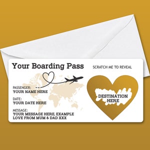Personalised Scratch to Reveal Boarding Pass, Surprise Holiday Boarding Pass, Fake Boarding Pass for Holiday with Matching Envelope Gold /White Envelope