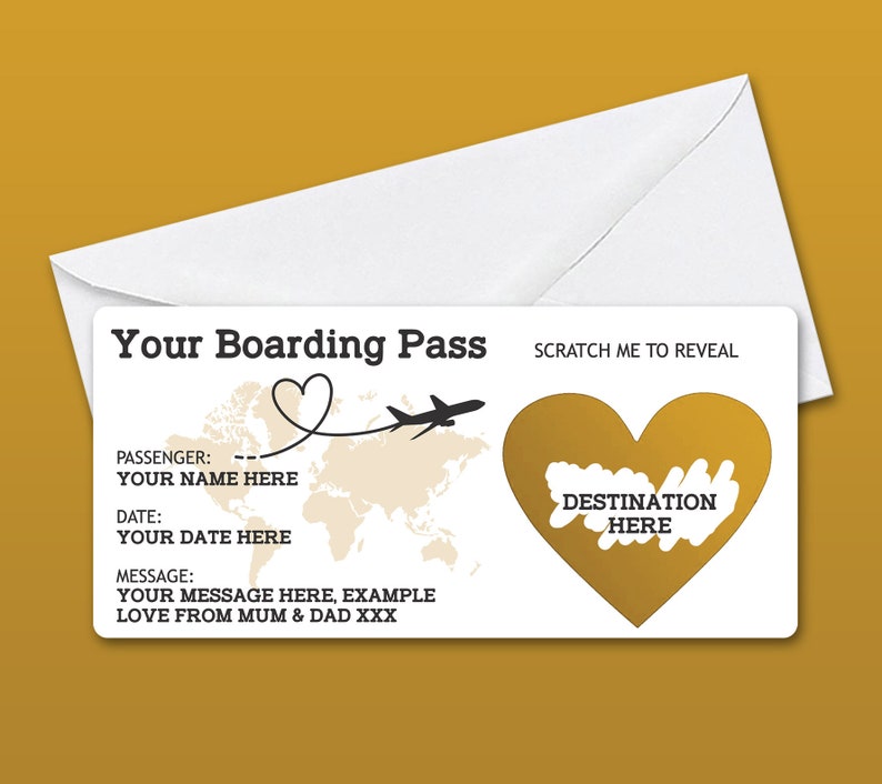 Personalised Scratch to Reveal Boarding Pass, Surprise Holiday Boarding Pass, Fake Boarding Pass for Holiday with Matching Envelope Gold /White Envelope