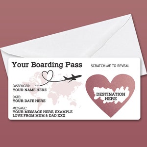 Personalised Scratch Reveal Boarding Pass, Scratch Off Surprise Boarding Card, Heart Reveal Boarding Pass for Surprise Holiday Destination Rose /White Envelope
