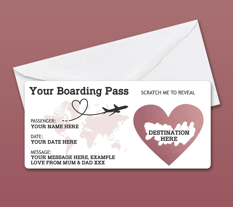 Personalised Scratch Reveal Boarding Pass, Scratch Off Surprise Boarding Card, Heart Reveal Boarding Pass for Surprise Holiday Destination Rose /White Envelope