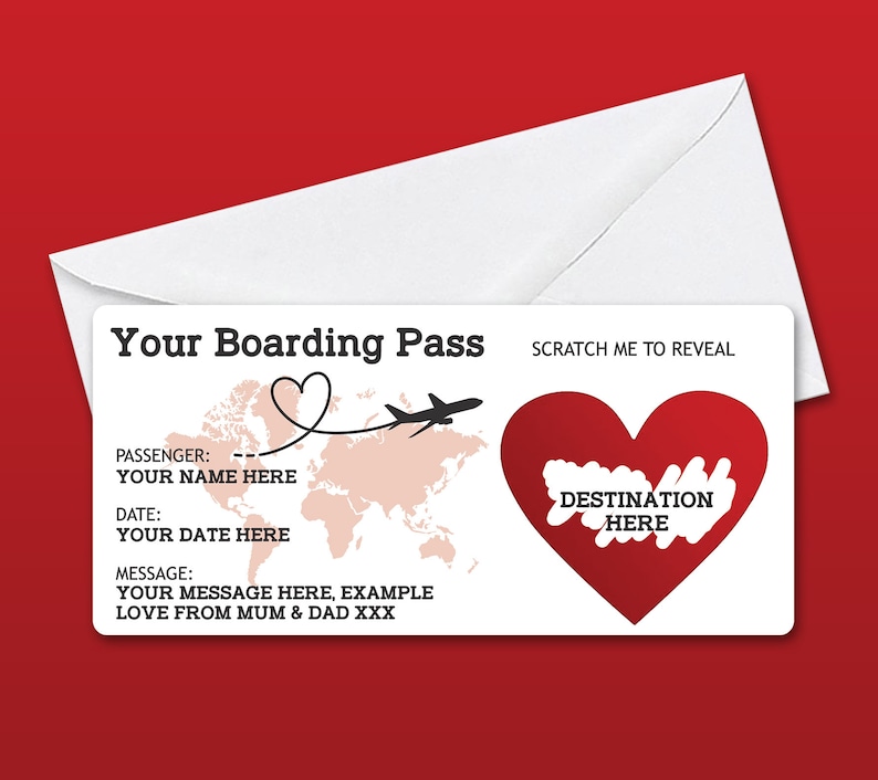 Personalised Scratch to Reveal Boarding Pass, Surprise Holiday Boarding Pass, Fake Boarding Pass for Holiday with Matching Envelope Red / White Envelope