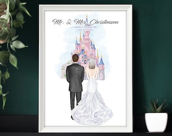 Disneyland Wedding, Custom Bride and Groom Print, Mickey And Minnie Wedding, Mr & Mrs Present, Disney Wedding Gift, Disney Bride And Groom